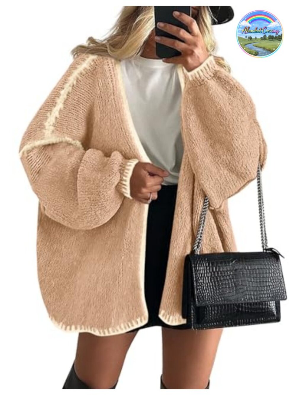 Open Front Knit Cardigan Sweater Oversized Lantern Long Sleeve Women